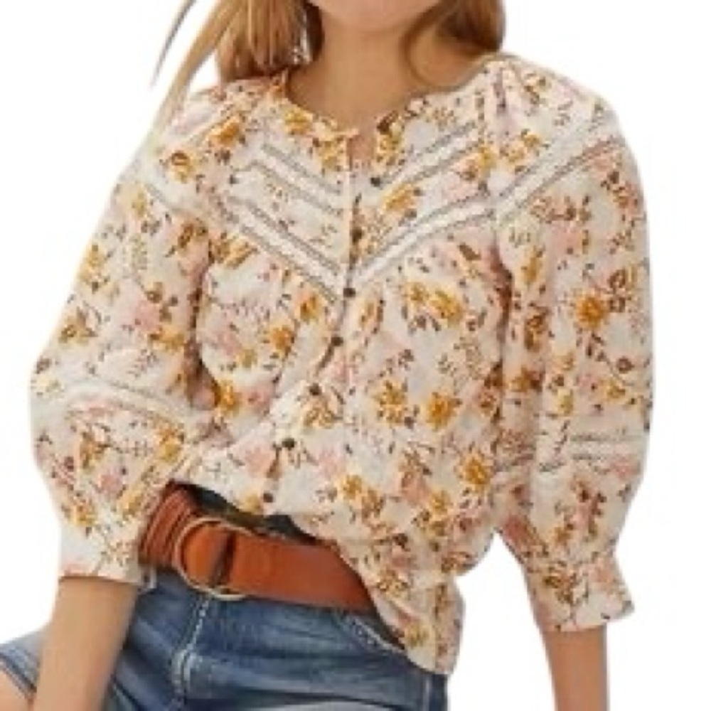 Anthropologie Harmony Lace Peasant Blouse Size Small Floral Bohemian Cottagecore